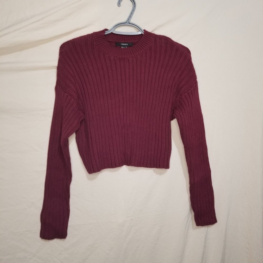 FOREVER 21 Crop Ribbed Sweater LS Burgundy